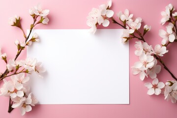 Fototapeta na wymiar Photo of blank white paper with flower on pink background, copy space, high quality, high resolution, 8k with generative ai