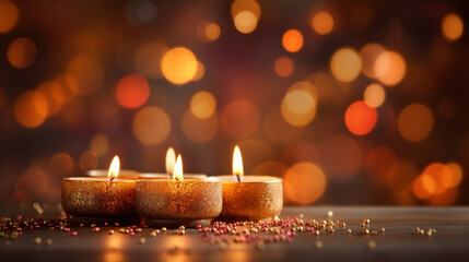 Three lit candles casting a warm glow with festive bokeh lights in the background.