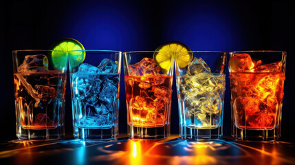 Vibrant colored cocktails with ice and citrus slices in a dynamic, backlit bar setting.
