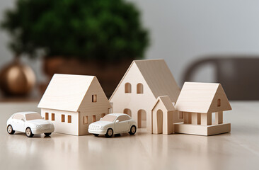 houses and cars set on white table in front of trees, minimalism