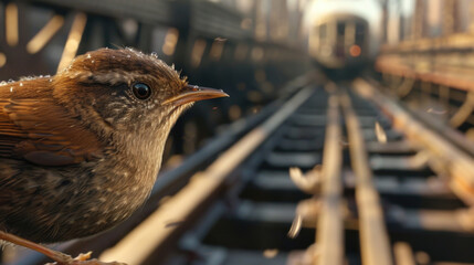 Closeup of a wren with a distinctive pale eyebrow its throat fluttering as it trills a cheerful song amidst the chaos of a train arriving.