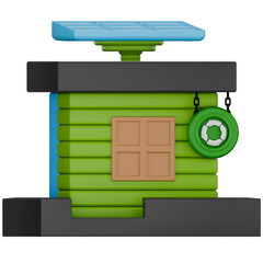 3d recycle office with solar panel. Front view 3d render illustration isolated on white background with sustainability theme.