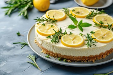 Rosemary mint and lemon slices enhance lemon vanilla cheesecake Blue concrete background close up