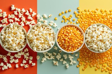 Preparing popcorn from corn Corn grain and popcorn on pastel background Banner