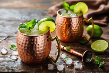 Copper mugs hold Moscow mule with lime ice ginger beer vodka mint on a wooden backdrop - obrazy, fototapety, plakaty