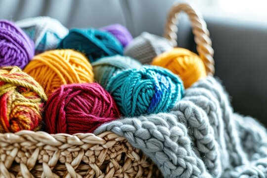 Colorful yarns for knitting and crochet in a stylish basket Cozy atmosphere Starting to knit a women s sweater
