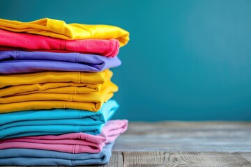 Colorful clothes stacked on a table in an empty space with a background of laundry and household
