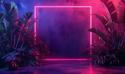 Neon sign square frame and plants,Generative AI