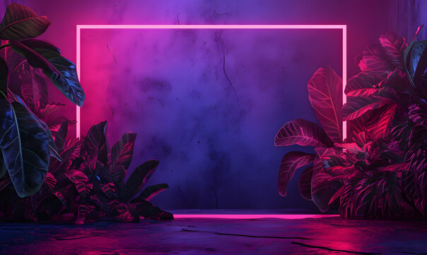 Neon sign square frame and plants,Generative AI