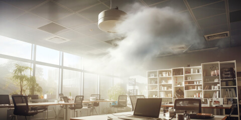 A hazardous situation in an office as dense smoke pours from an overhead light fixture.