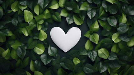 A white heart cutout surrounded by a vibrant collection of green leaves, symbolizing love for nature.