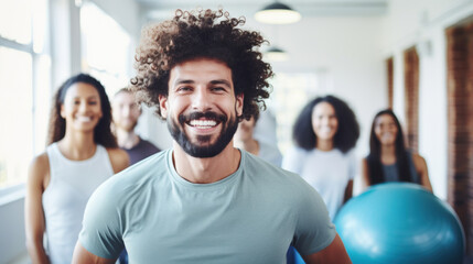 Energetic fitness instructor leading a diverse and smiling group during a workout class.