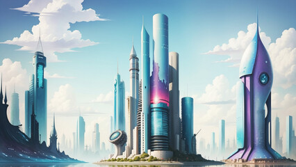 Obraz premium Futuristic cityscape with skyscrapers and business buildings. Reflects technological progress and outstanding city architecture