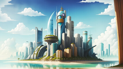 Futuristic cityscape with skyscrapers and business buildings. Reflects technological progress and outstanding city architecture