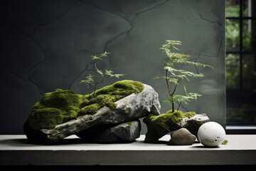 Interior, design, nature and architecture concept. Abstract and minimalist interior design elements made from stone and moss. Abstract background with copy space