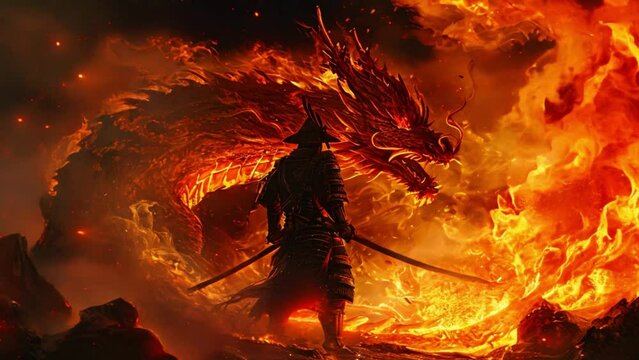 video illustration of a samurai with the power of a fire dragon