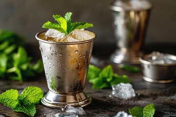 Fresh whisky cocktail served in a silver cup known as Mint Julep - obrazy, fototapety, plakaty