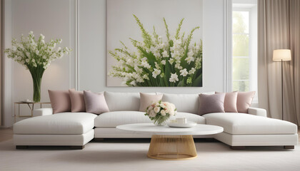 Modern luxury elegant living room with spring atmosphere with flowers and white sofa. interior decoration. Well-appointed interior design. template.