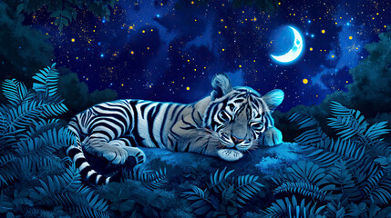 Naklejka na ściany i meble Tiger in the jungle sleeping tight under the starry sky
