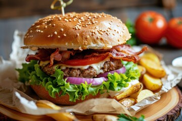 Burger with cutlet cheese bacon lettuce tomatoes and potatoes on a wooden platter with parchment on a wooden background