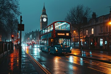 Double decker bus at night