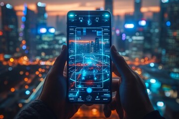 Smart city and internet of things (IoT) concept. Smartphone in hand.