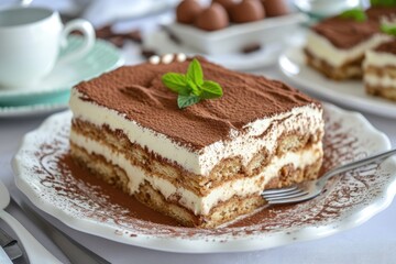 Close up view of a freshly made Italian tiramisu on a large platter for regional cuisine