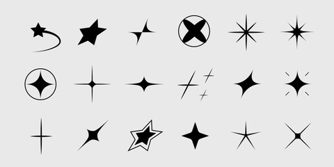 Set of star shapes. Retro futuristic sparkle icons collection. Vector set of Y2K style.