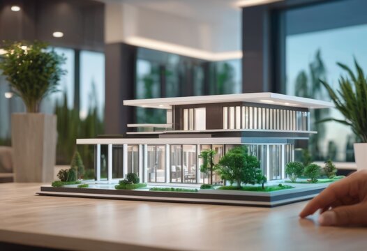 concept 3d render miniature model maquette of small skyscraper building on table in real estate agency. signing mortgage contract document demonstrating. futuristic business.