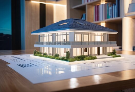 concept 3d render miniature model maquette of small skyscraper building on table in real estate agency. signing mortgage contract document demonstrating. futuristic business.