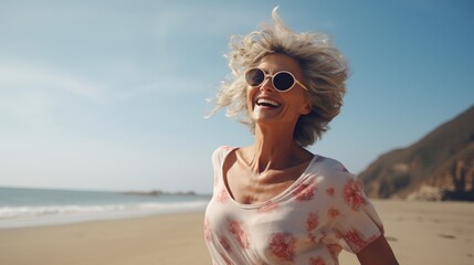 Fototapeta na wymiar Happy Beautiful Dancing Mature Woman at Beach. Healthy Life, Free, Freedom, Joyful, Long Live 