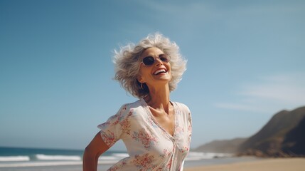 Happy Beautiful Dancing Mature Woman at Beach. Healthy Life, Free, Freedom, Joyful, Long Live
