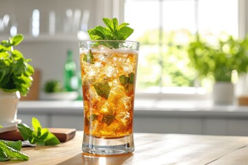 Mint julep on table with tall glass - obrazy, fototapety, plakaty