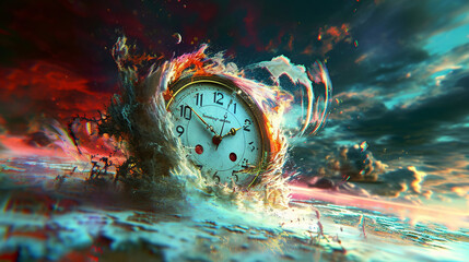 Surreal composition of a whimsical clock with melting numbers and distorted hands, symbolizing the fluidity of time in a dreamlike space, whimsical, melting clock, hd, with copy sp