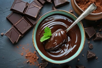 Pastry chef prepares hot chocolate with spoon topped with mint leaves using handmade chocolates and candies covered in chocolate - obrazy, fototapety, plakaty