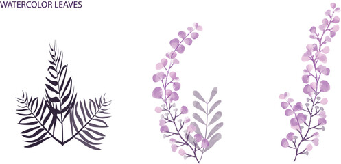 Fototapeta na wymiar Elegant hand drawn purple leaves watercolor arrangement