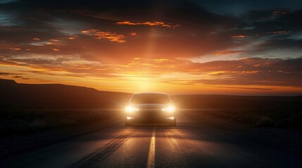 The headlights of a lone car making its way through a deserted road during sunset their beams...