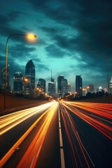 Nighttime Urban Symphony: City Lights and Car Trails