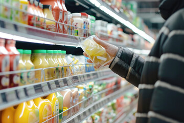 Close up of a woman's hand choosing juice in a supermarket. - obrazy, fototapety, plakaty