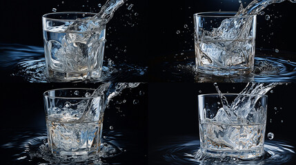 glass with water , water, drink, ice, cold, liquid, isolated, white, blue, 