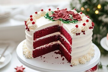 Festive Red Velvet cake on stand focused