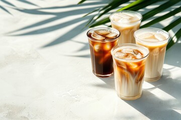 Various iced coffees on white concrete with palm shadows Minimal composition showcasing summer drinks espresso tonic ice moccachino and latte Coffee menu for s