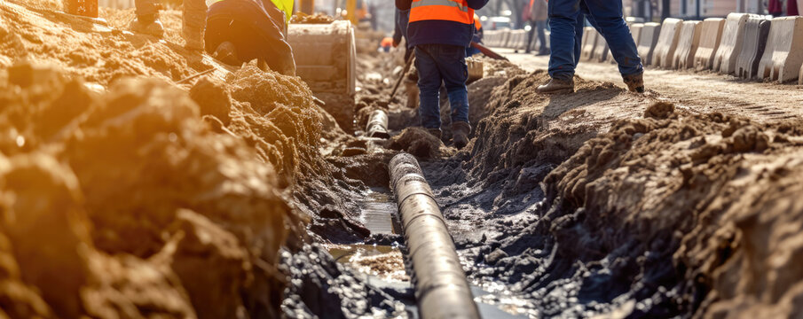Workers pour water from the sewer pipes into the trench. Selective focus.
