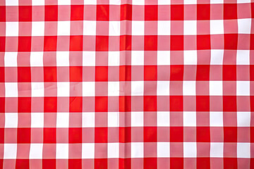 Red and white checkered tablecloth. Top view table cloth texture background. Red gingham pattern fabric. Picnic blanket texture. Red table cloth for Italian food menu. Square pattern.