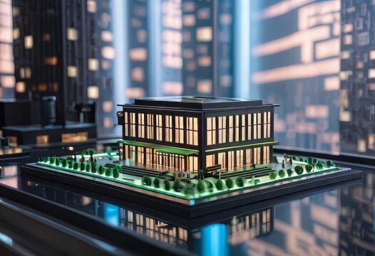concept 3d render miniature model maquette of small skyscraper building on table in real estate agency. signing mortgage contract document demonstrating. futuristic business.
