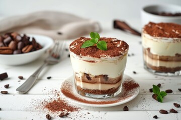 Yummy tiramisu and cocoa beverage displayed on a white wooden table Tempting treat - obrazy, fototapety, plakaty