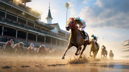 Fotobehang Grand National, Melbourne Cup, Kentucky Derby, The Preakness Stake, white horse, Racing Horse, ai generated  © HayyanGFX