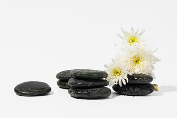 Stacked black spa stones with flowers on white background