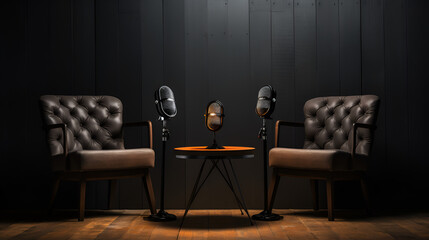 podcast studio with professional microphones ina wooden table, The modern podcast and streaming studio with led panels background for working and recording, Generative AI