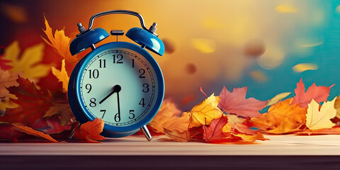 Daylight Saving Time. Alarm clock and orange color leaves on wooden table. Autumn time. Fall time change.copy space